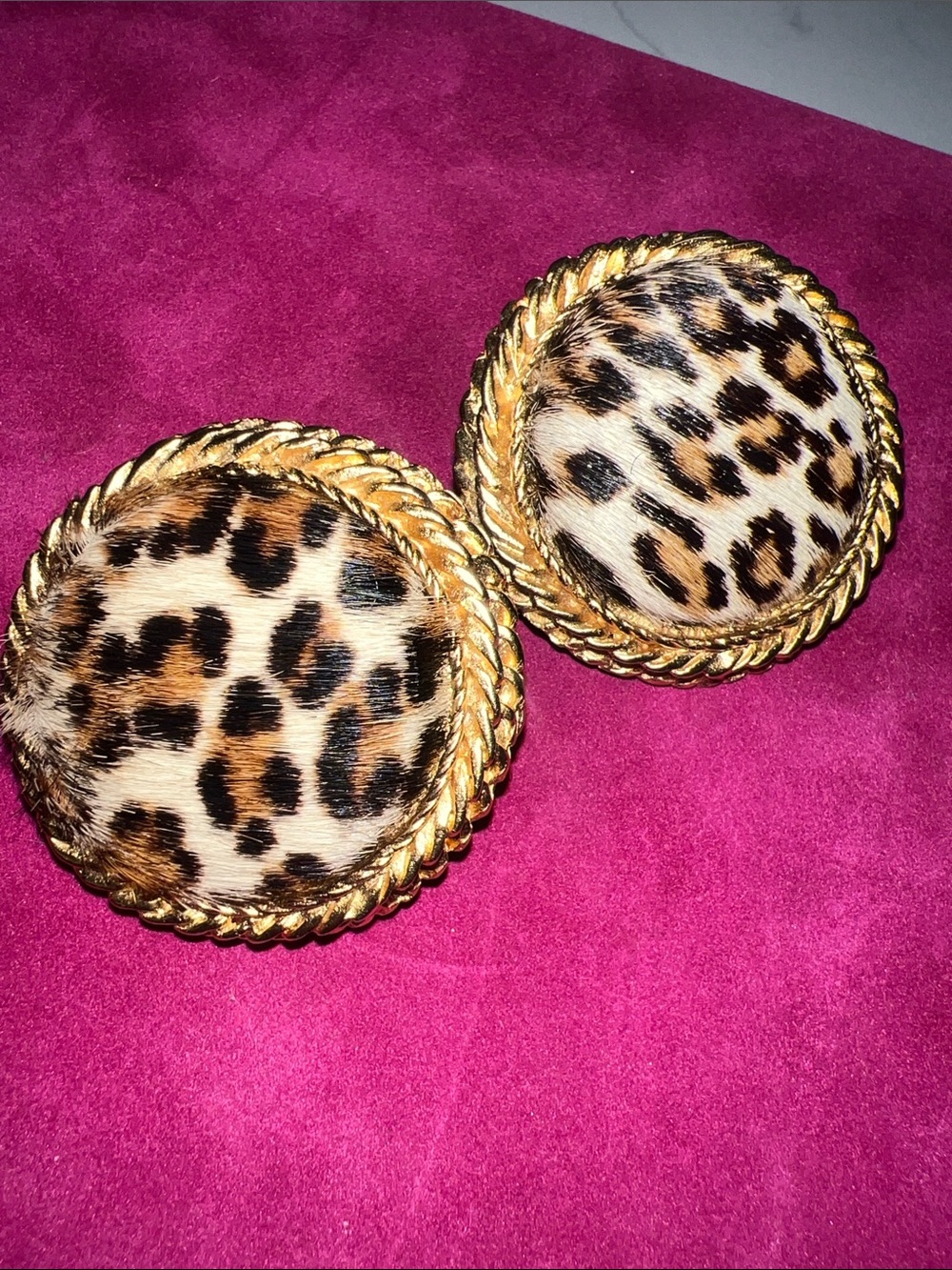Jilbari Designs Leopard Print Round Clip Earrings with Gold Rope Trim